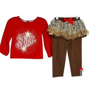 Cherokee Girls Outfit Size 24 months 2t Shirt Pants Red Brown Animal Print